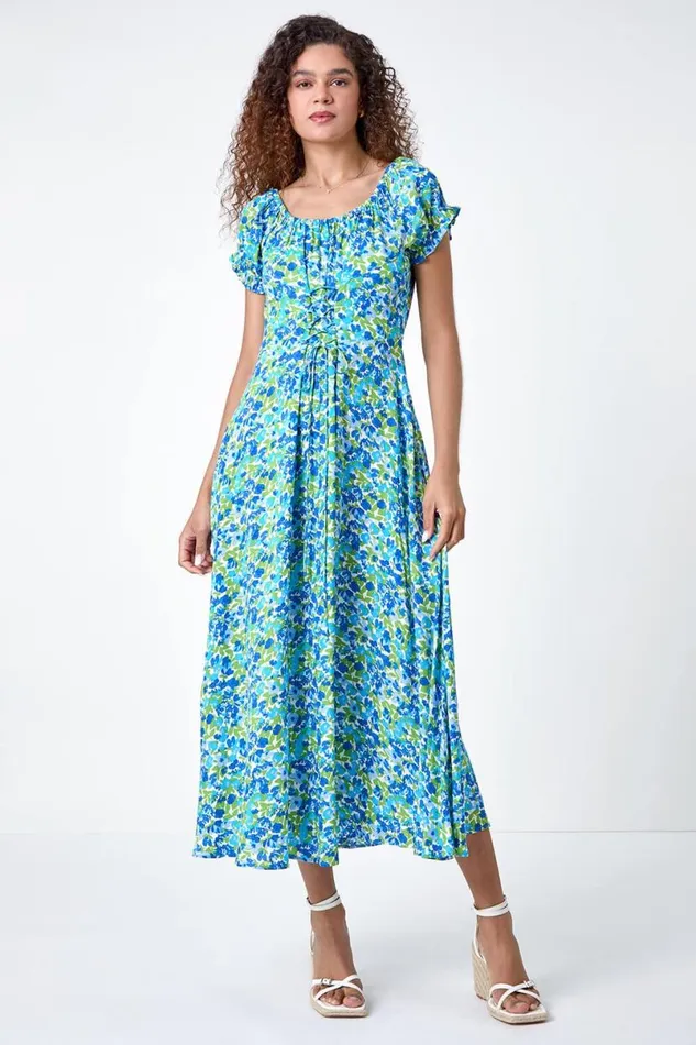 Blue Lace Up Detail Floral Bardot Dress Women Roman Dresses