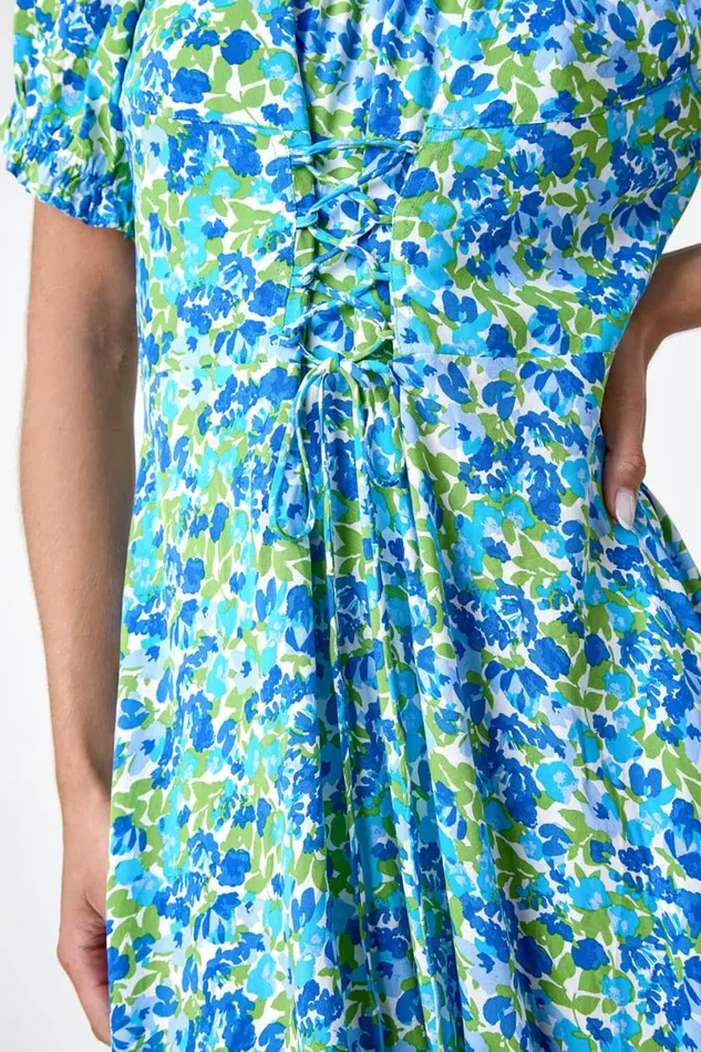Blue Lace Up Detail Floral Bardot Dress Women Roman Dresses