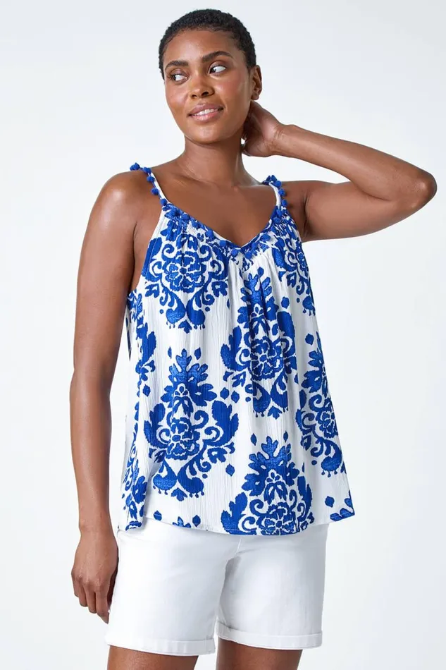 Blue Paisley Pom Pom Trim Crinkle Vest Top Women Roman Tops