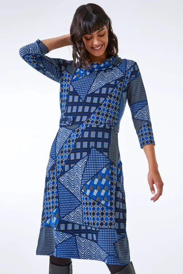 Blue Patchwork Cowl Neck Button Detail Dress Women Roman Dresses