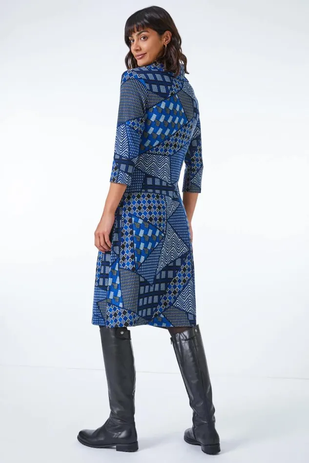 Blue Patchwork Cowl Neck Button Detail Dress Women Roman Dresses