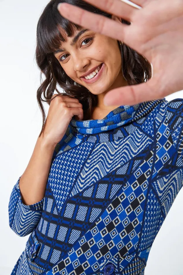 Blue Patchwork Cowl Neck Button Detail Dress Women Roman Dresses