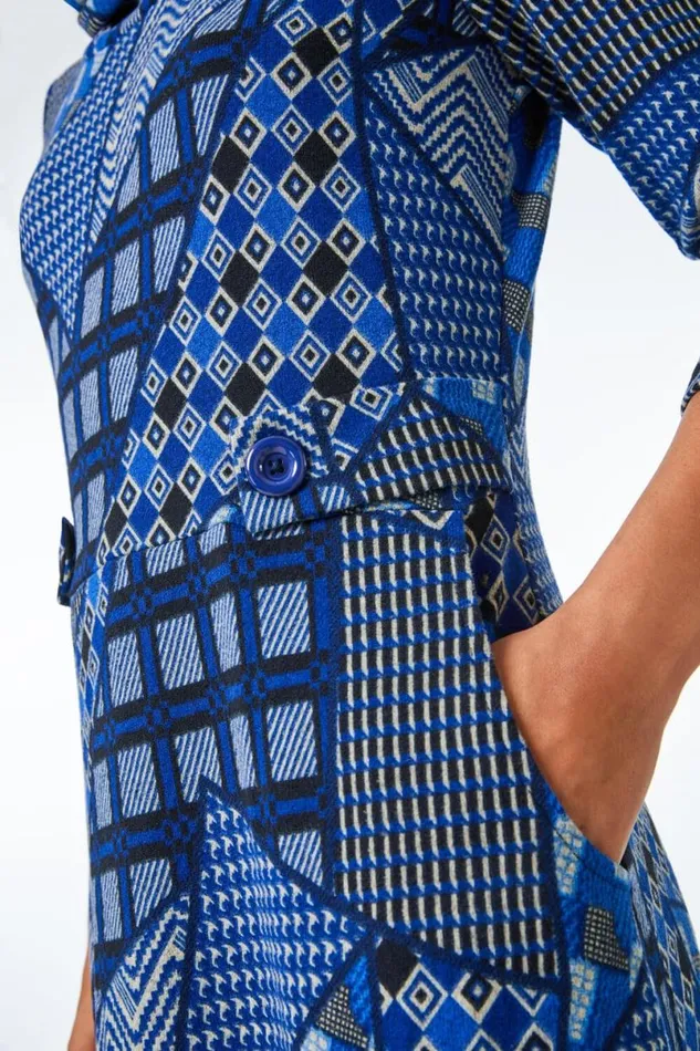 Blue Patchwork Cowl Neck Button Detail Dress Women Roman Dresses