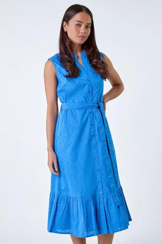 Blue Petite Cotton Broderie Frill Midi Dress Women Roman Dresses