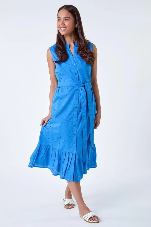 Blue Petite Cotton Broderie Frill Midi Dress Women Roman Dresses