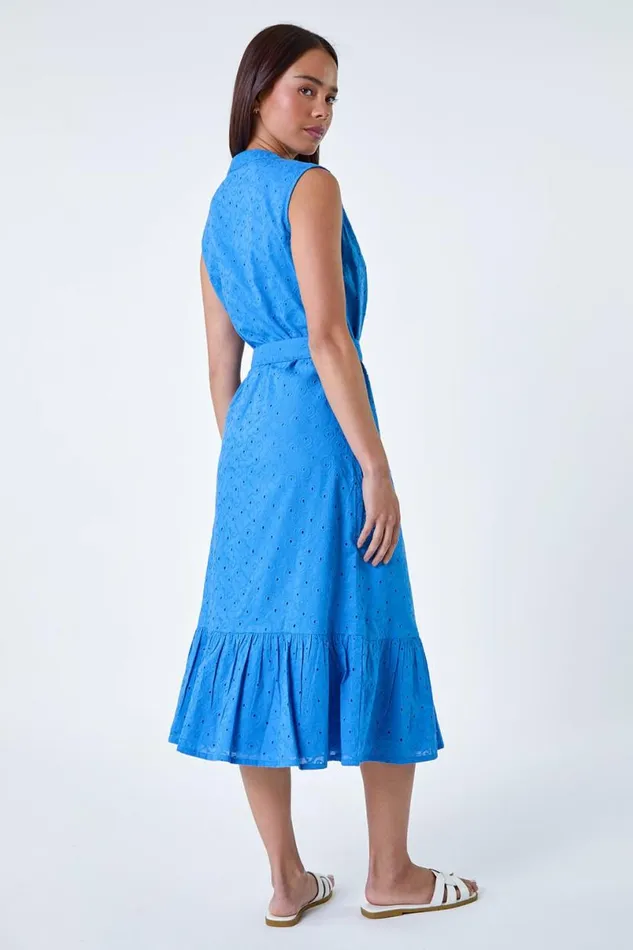 Blue Petite Cotton Broderie Frill Midi Dress Women Roman Dresses