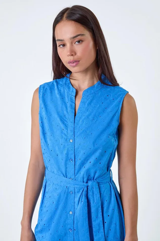 Blue Petite Cotton Broderie Frill Midi Dress Women Roman Dresses