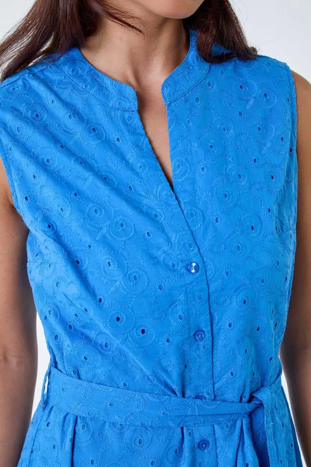 Blue Petite Cotton Broderie Frill Midi Dress Women Roman Dresses