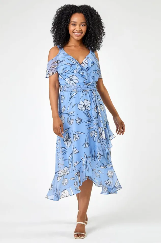Blue Petite Floral Cold Shoulder Chiffon Midi Dress Women Roman Dresses