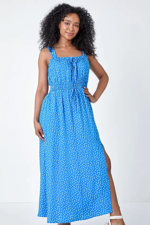 Blue Petite Spot Print Midi Dress Women Roman Dresses
