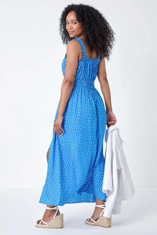 Blue Petite Spot Print Midi Dress Women Roman Dresses