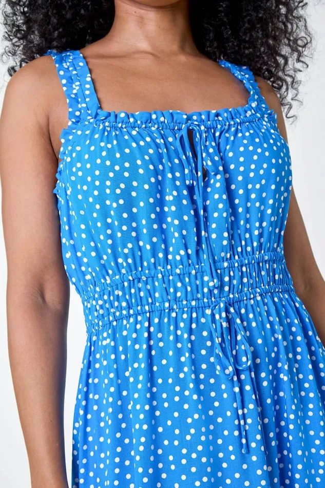 Blue Petite Spot Print Midi Dress Women Roman Dresses