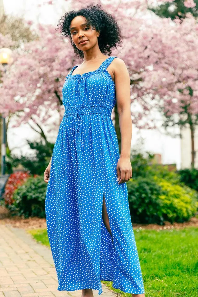 Blue Petite Spot Print Midi Dress Women Roman Dresses