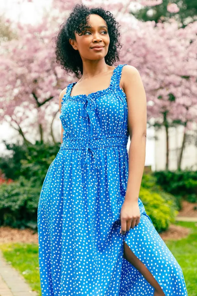 Blue Petite Spot Print Midi Dress Women Roman Dresses
