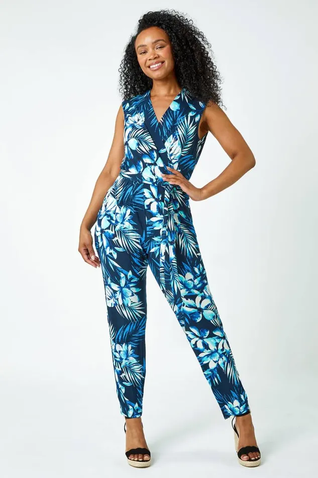Blue Petite Tropical Print Tie Waist Jersey Jumpsuit Women Roman Dresses