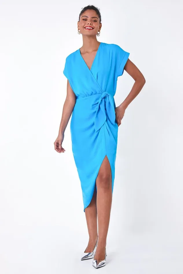 Blue Plain Wrap Tie Detail Dress Women Roman Dresses
