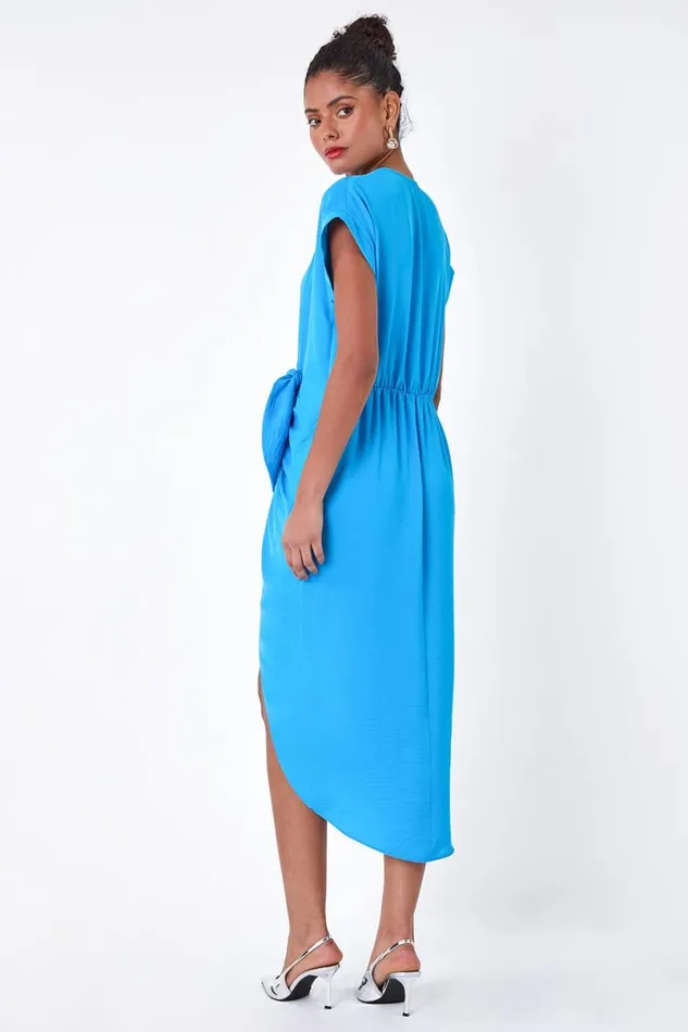 Blue Plain Wrap Tie Detail Dress Women Roman Dresses