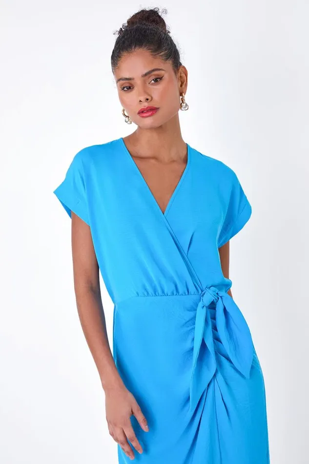 Blue Plain Wrap Tie Detail Dress Women Roman Dresses