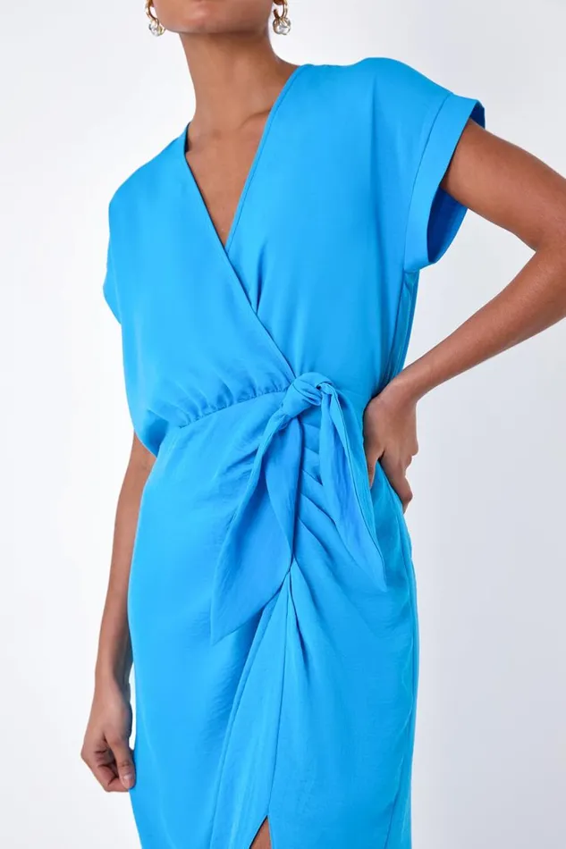 Blue Plain Wrap Tie Detail Dress Women Roman Dresses
