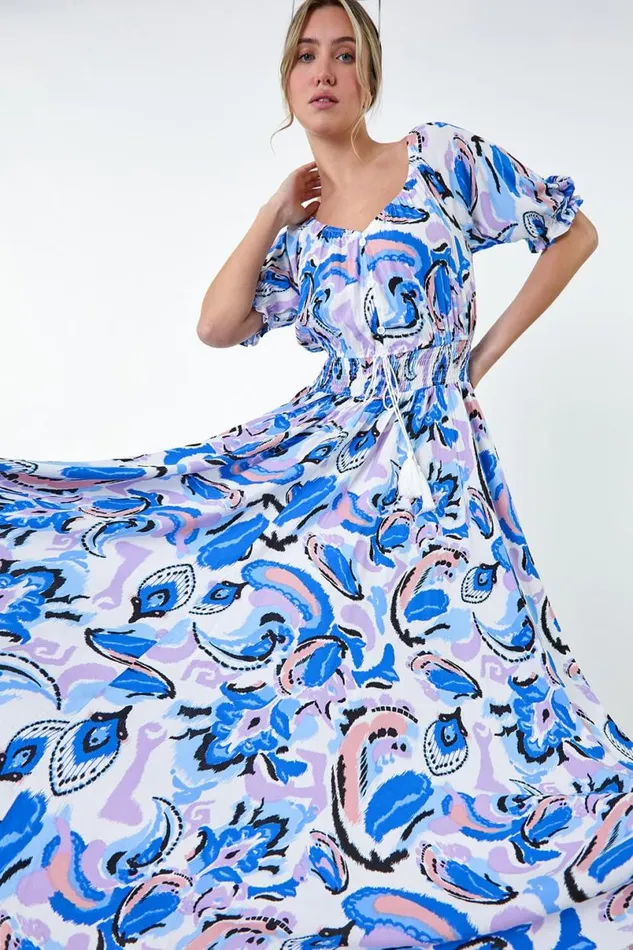 Blue Shirred Waist Abstract Print Maxi Dress Women Roman Dresses