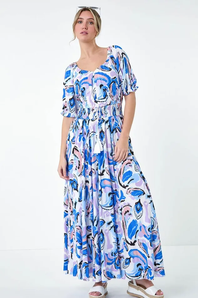 Blue Shirred Waist Abstract Print Maxi Dress Women Roman Dresses