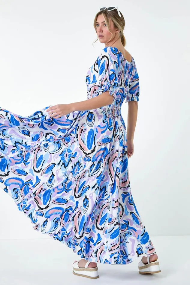 Blue Shirred Waist Abstract Print Maxi Dress Women Roman Dresses