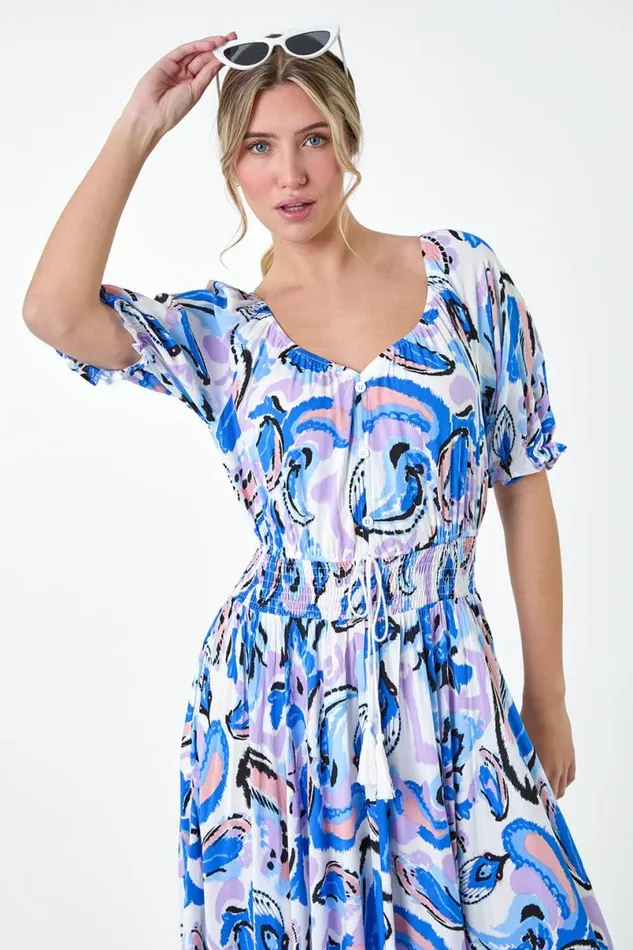 Blue Shirred Waist Abstract Print Maxi Dress Women Roman Dresses