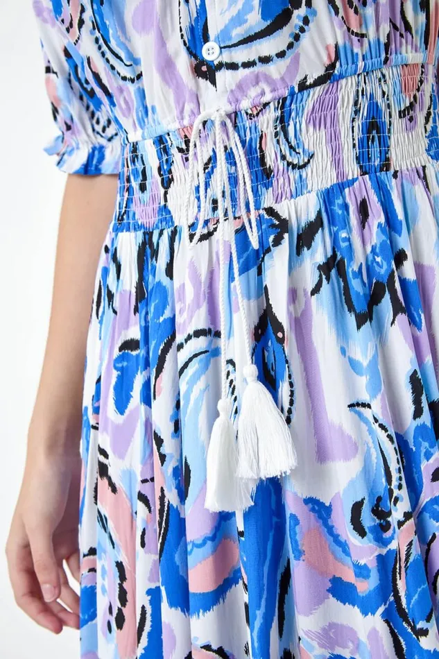 Blue Shirred Waist Abstract Print Maxi Dress Women Roman Dresses
