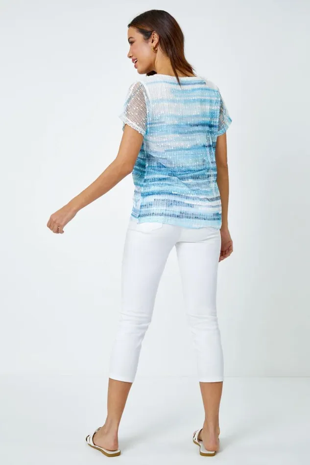 Blue Stripe Print Mesh Overlay Top Women Roman Tops
