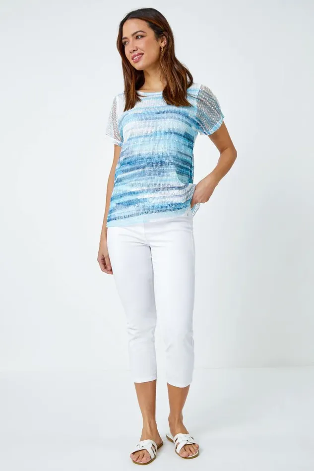 Blue Stripe Print Mesh Overlay Top Women Roman Tops