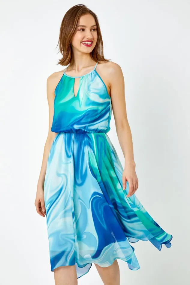 Blue Tie Dye Halter Neck Chiffon Midi Dress Women Roman Dresses