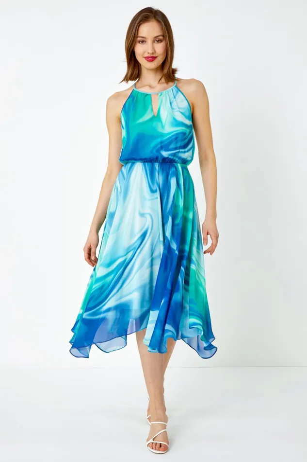 Blue Tie Dye Halter Neck Chiffon Midi Dress Women Roman Dresses