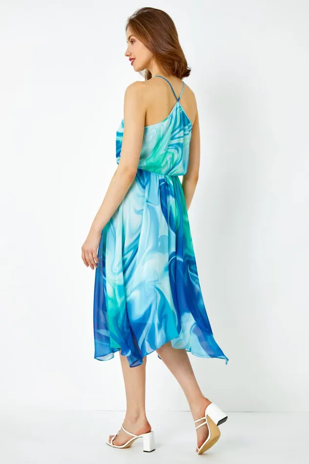 Blue Tie Dye Halter Neck Chiffon Midi Dress Women Roman Dresses