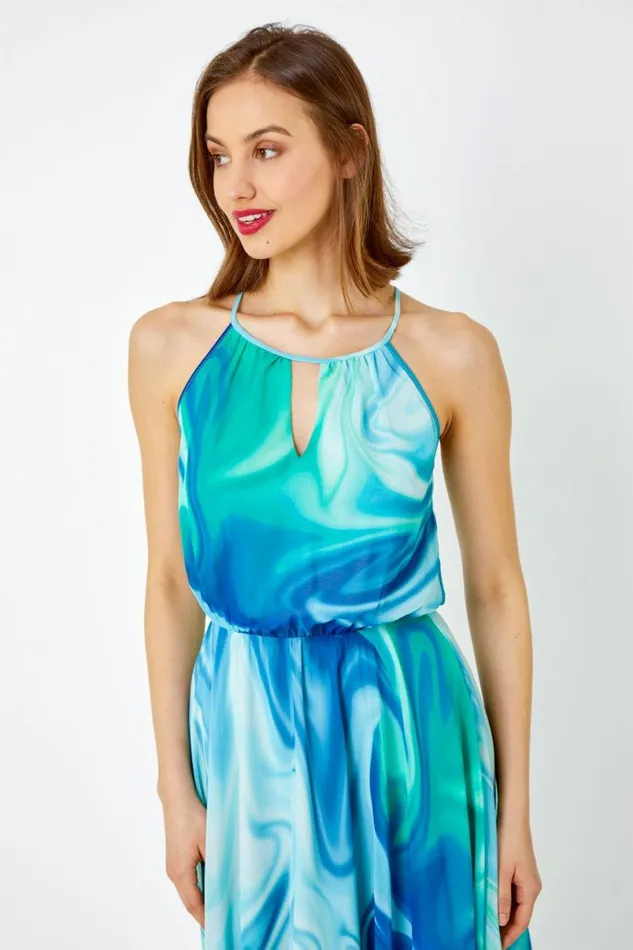 Blue Tie Dye Halter Neck Chiffon Midi Dress Women Roman Dresses