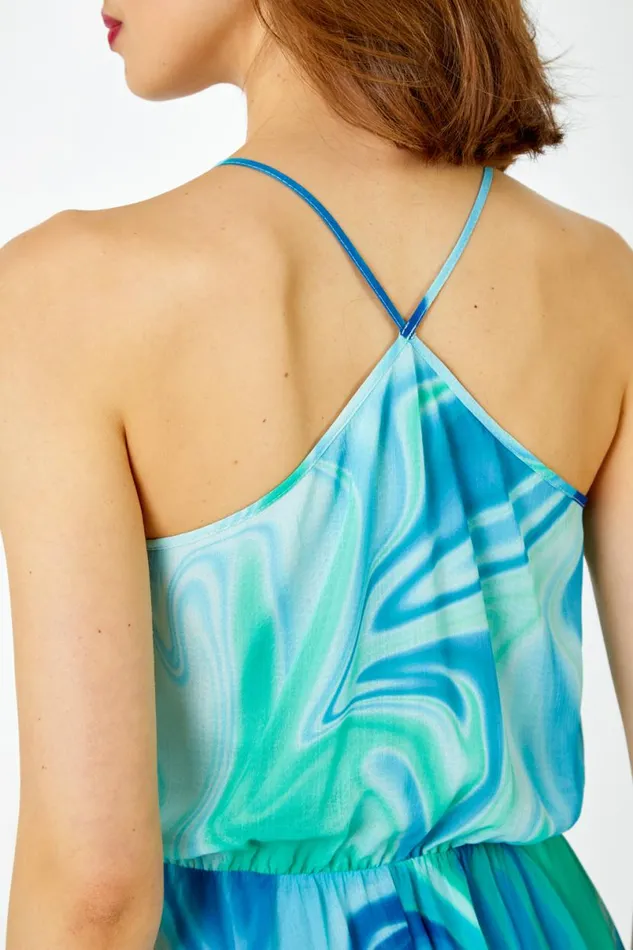 Blue Tie Dye Halter Neck Chiffon Midi Dress Women Roman Dresses