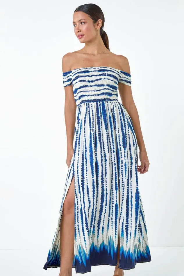 Blue Tie Dye Shirred Bardot Maxi Dress Women Roman Dresses