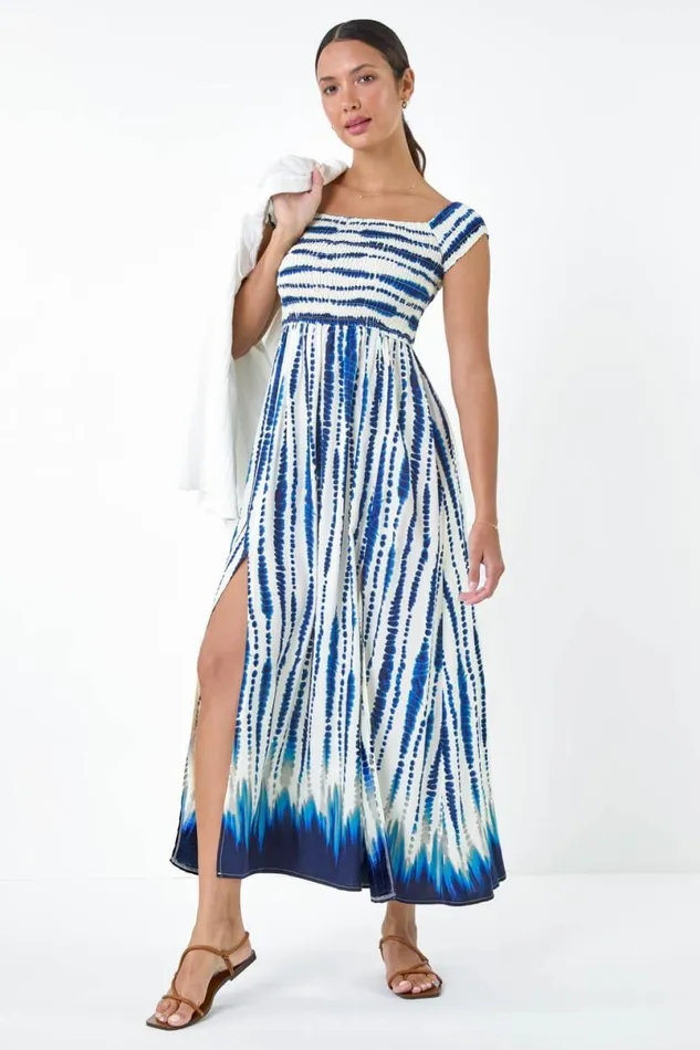 Blue Tie Dye Shirred Bardot Maxi Dress Women Roman Dresses