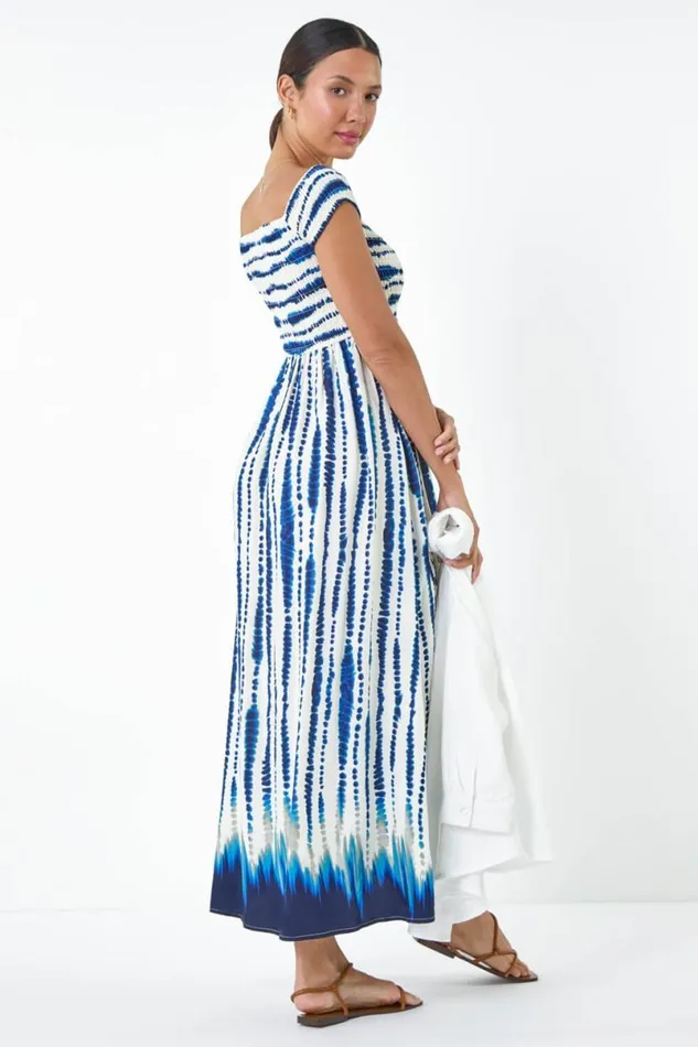 Blue Tie Dye Shirred Bardot Maxi Dress Women Roman Dresses
