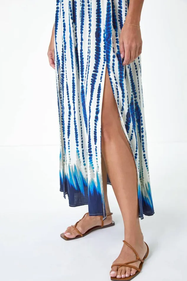 Blue Tie Dye Shirred Bardot Maxi Dress Women Roman Dresses