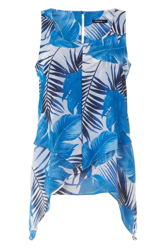 Blue Tropical Leaf Print Asymmetric Chiffon Top Women Roman Tops