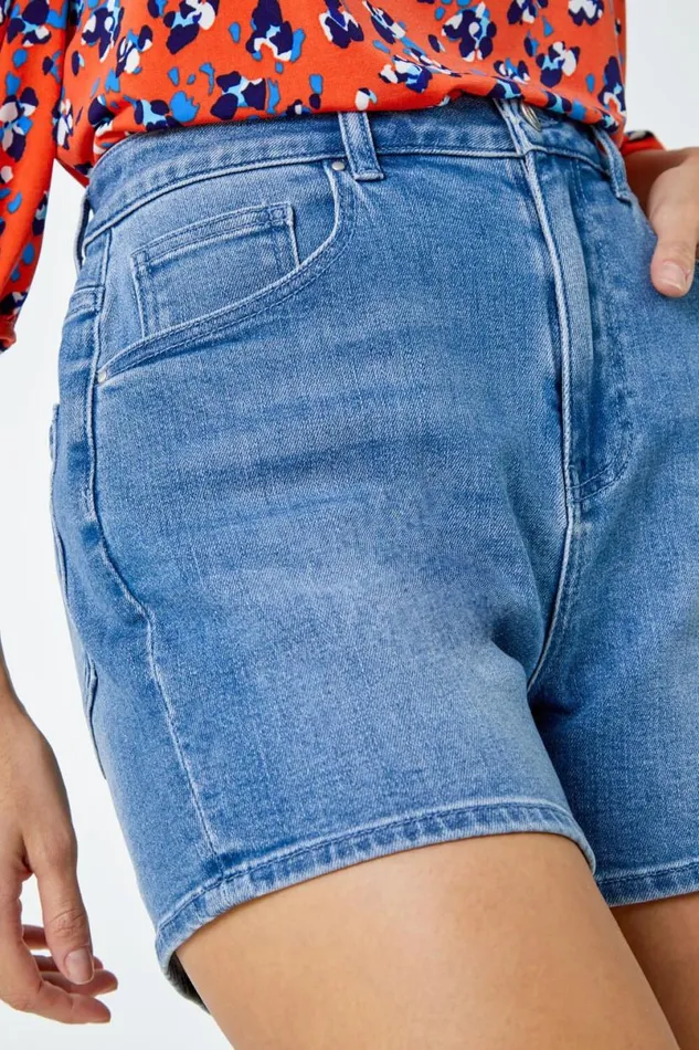 Blue Washed Denim Stretch Shorts Women Roman Coords