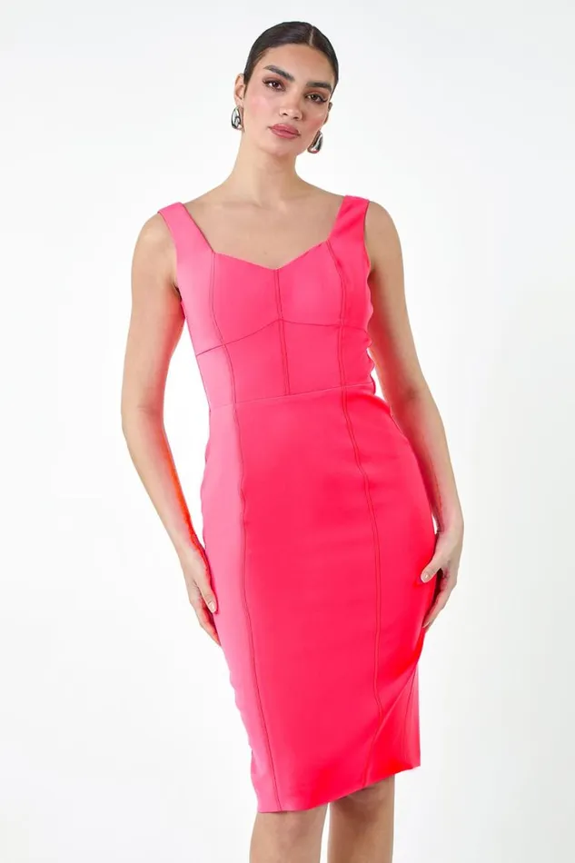 Bright Pink Plain Corset Detail Stretch Bodycon Dress Women Roman Dresses