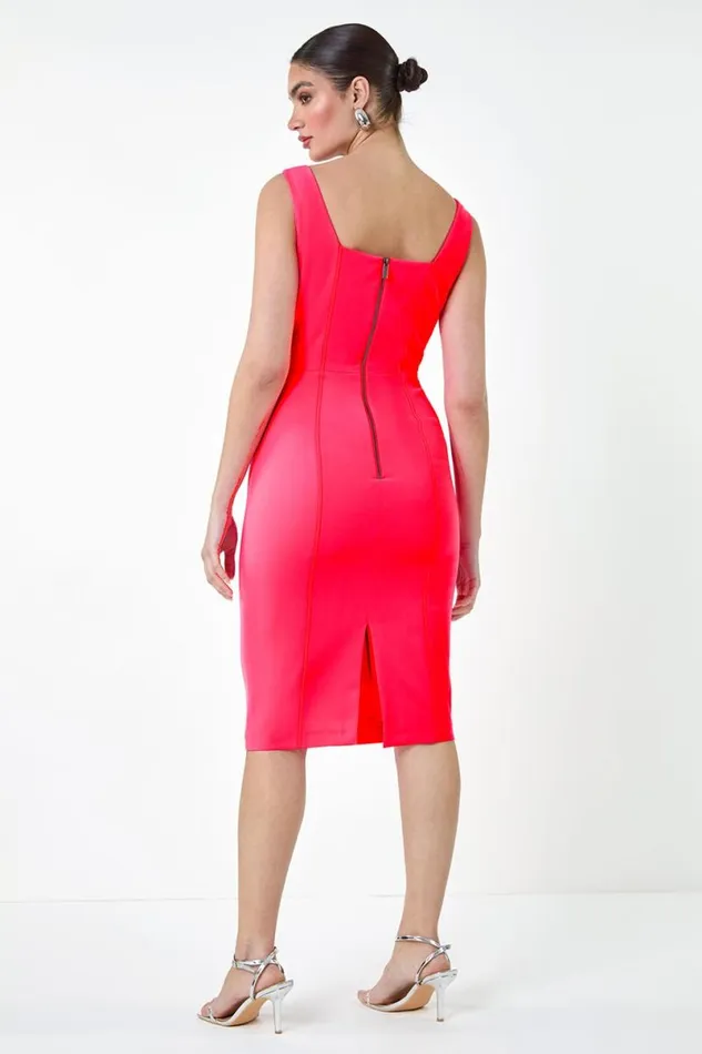 Bright Pink Plain Corset Detail Stretch Bodycon Dress Women Roman Dresses