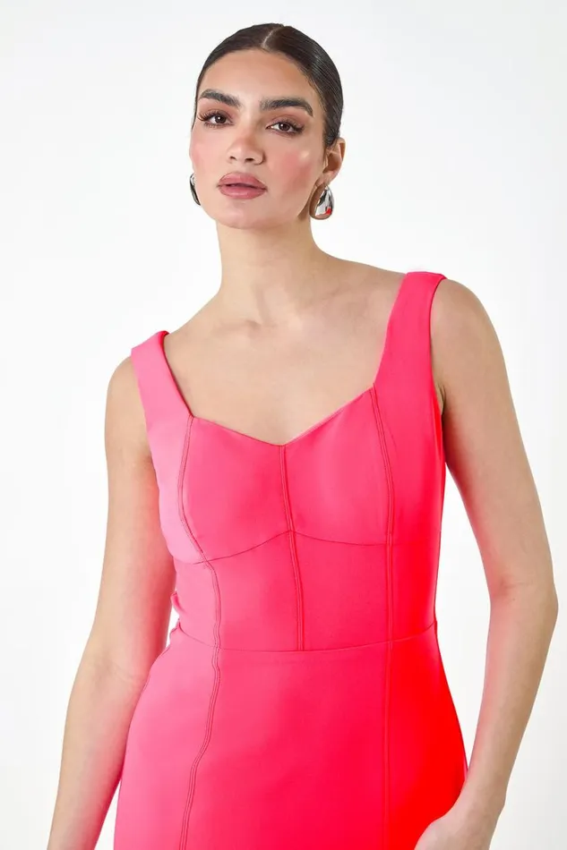 Bright Pink Plain Corset Detail Stretch Bodycon Dress Women Roman Dresses
