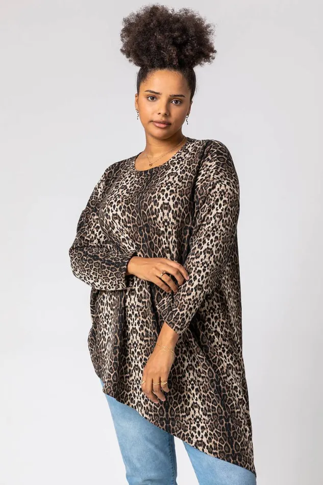 Brown Curve Animal Print Asymmetric Tunic Top Women Roman Tops