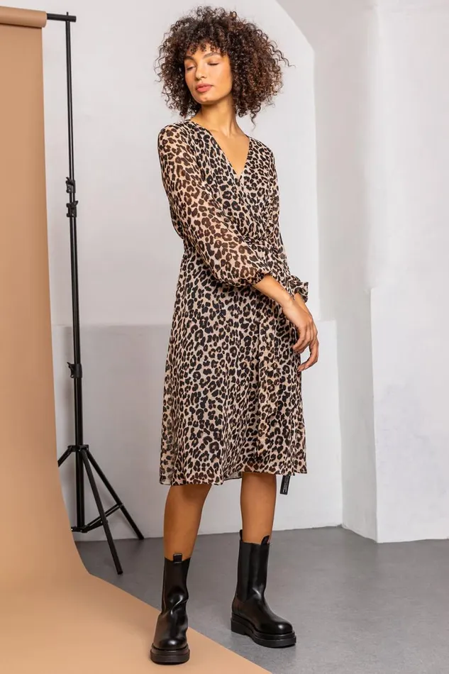 Brown Leopard Print Belted Chiffon Wrap Dress Women Roman Dresses