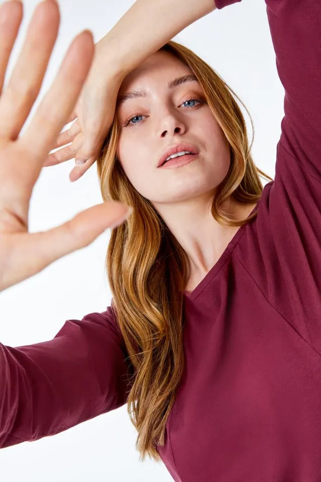 Burgundy Cotton Jersey Tunic Pocket Dress Women Roman Dresses