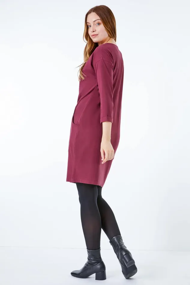 Burgundy Cotton Jersey Tunic Pocket Dress Women Roman Dresses