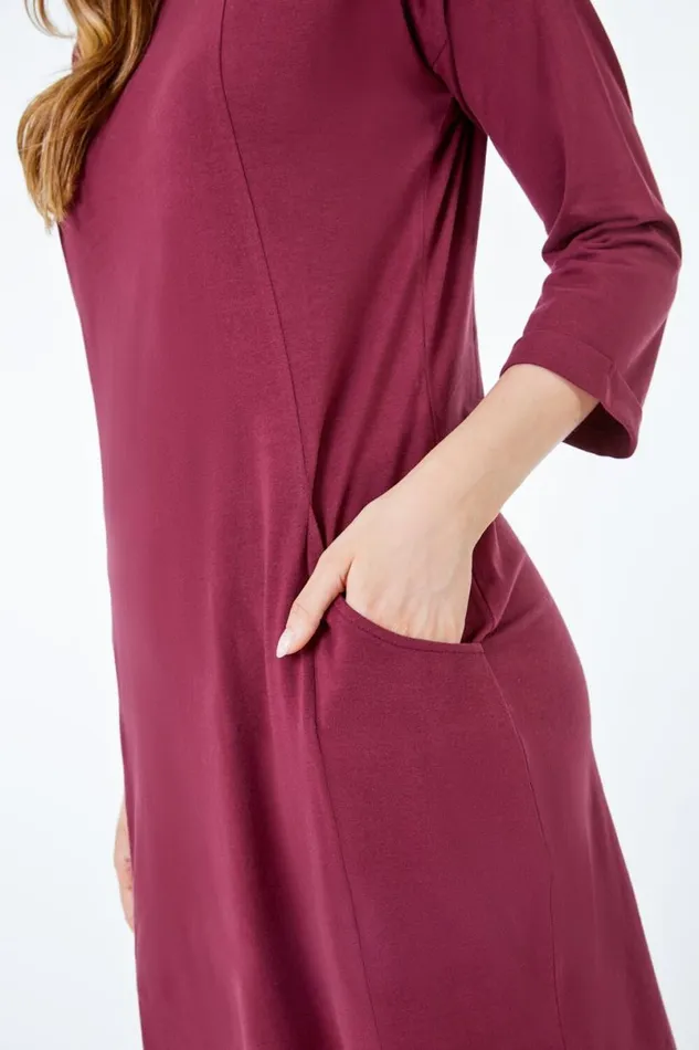Burgundy Cotton Jersey Tunic Pocket Dress Women Roman Dresses