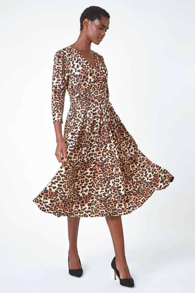 Camel Leopard Print Mock Wrap Midi Stretch Dress Women Roman Dresses